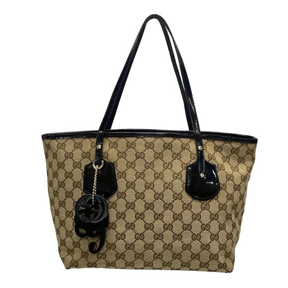 Auth GUCCI Jolly/GG 211976 Beige Brown Black Jacquard Patent Leather Tote Bag - Picture 1 of 16